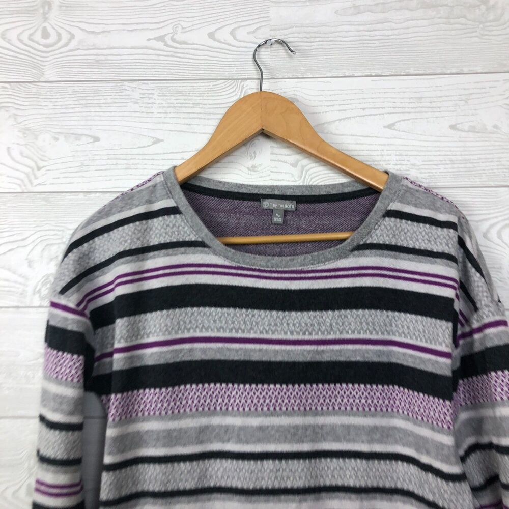 T By TALBOTS Women's Medium PETITE Mixed Stripe Button Detail Pullover Sweater - Picture 3 of 6